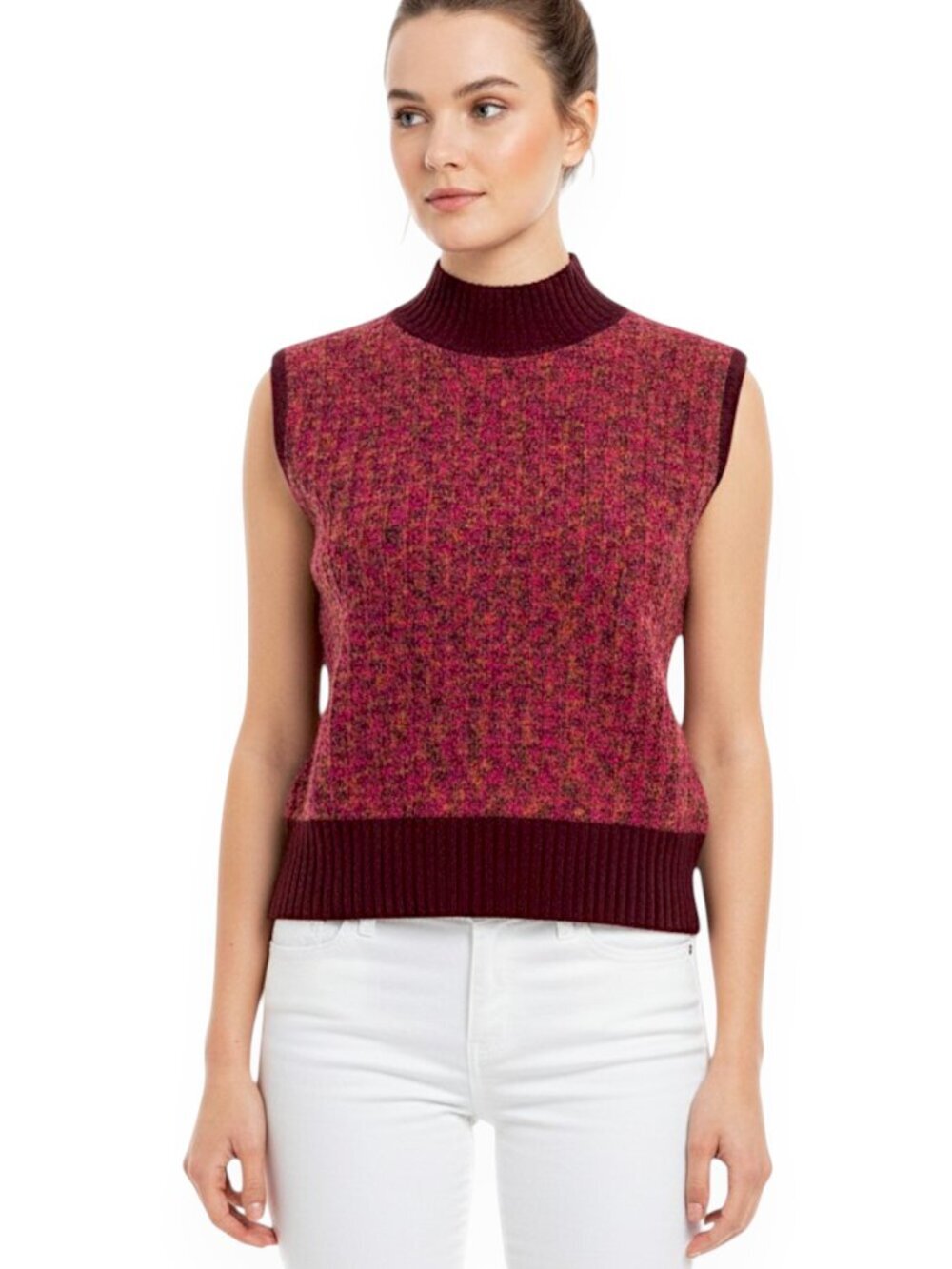 St. John Burgundy Pink Mottled Knit High Neck Sleeveless Vest Sweater Top Size P